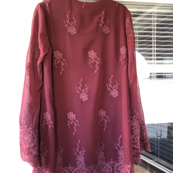 Wayf Burgundy Long Sleeve Short Dress with V neck - Picture 3 of 4